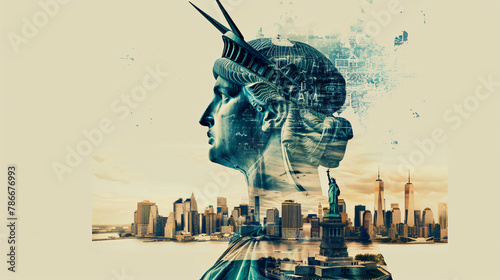 Statue of Liberty and New York, cityscape double exposure contemporary style 
