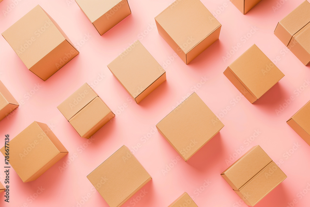 Group of brown cardboard boxes different size on pastel pink background. Mock up. Top view Group of brown cardboard boxes different size on pastel pink background. Mock up. Top view