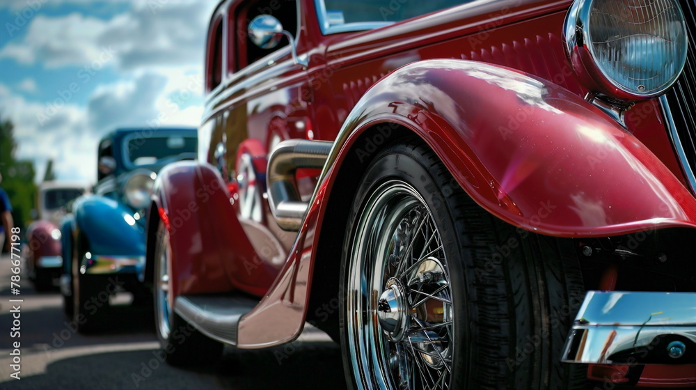 Classic cars including one in a deep red with chrome wheels
Classic cars including one in a deep red with chrome wheels