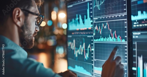 Financial Analyst Analyzing Stock Market Data, Trading Strategy and Market Trends on Monitor