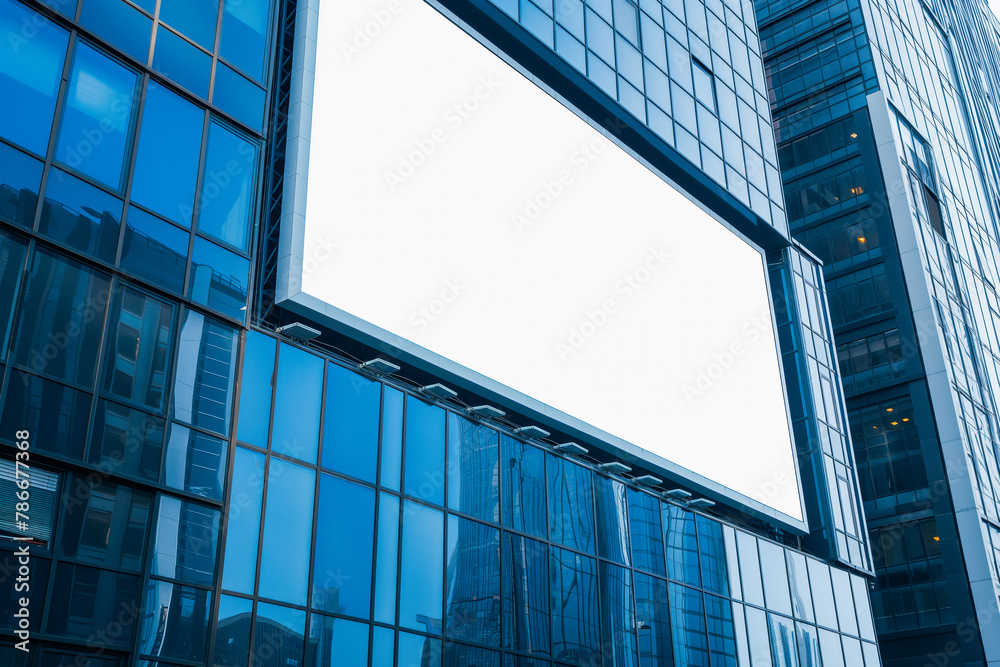 Obraz premium Mock up. Big blank white billboard on the facade of modern highrise building in the city