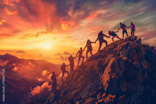 Panoramic view of team of people holding hands and helping each other reach the mountain top in spectacular mountain sunset landscape