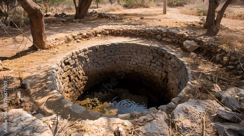 stark contrast between a dry well and a modern water reservoir, issues of water access highlighted photo