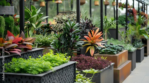modern plant nursery with innovative planters, geometric patterns, lush foliage, urban feel