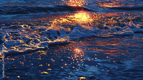 A pattern made by repeating a photograph showing the sun's reflection on ocean waves during the evening.