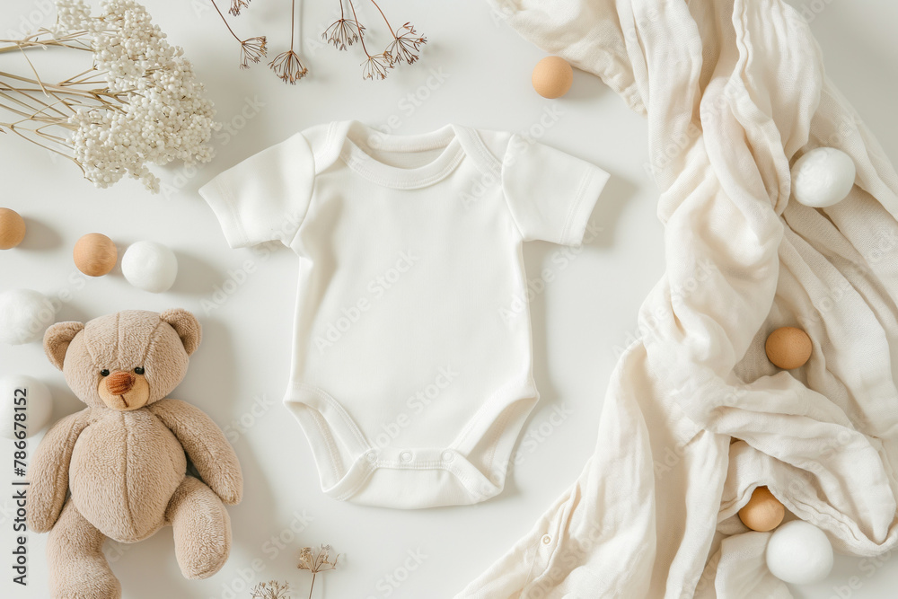 White cotton baby short sleeve bodysuit, teddy bear and natural wooden eco-friendly toys on pastel background. Infant onesie mockup. Blank gender neutral newborn bodysuit template mock up. Top view White cotton baby short sleeve bodysuit, teddy bear and natural wooden eco-friendly toys on pastel background. Infant onesie mockup. Blank gender neutral newborn bodysuit template mock up. Top view
