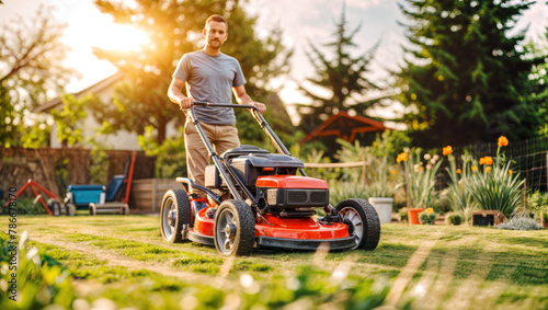 Man trimming overgrown green lawn with electric mower in garden. Using lawn trimmer, while landscaping. Concept of seasonal work.