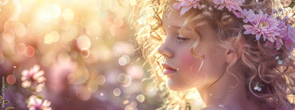 A radiant woman adorned with a delicate flower in her hair, celebrating a special occasion with joy and grace on a sunny day, Happy Mother`s Day A radiant woman adorned with a delicate flower in her hair, celebrating a special occasion with joy and grace on a sunny day, Happy Mother`s Day