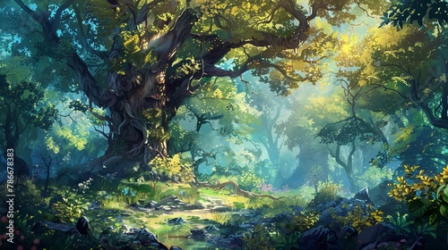 A stunning enchanted forest filled with large  magical trees and lush vegetation. This is a digital painting illustration serving as a background.