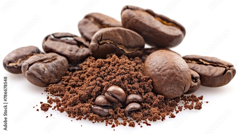Pile of coffee beans next to a pile of ground coffee. Suitable for coffee shop promotions Pile of coffee beans next to a pile of ground coffee. Suitable for coffee shop promotions