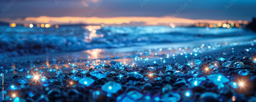 Bioluminescent tide on coastal rocks. Nighttime long exposure photography. - obrazy, fototapety, plakaty 