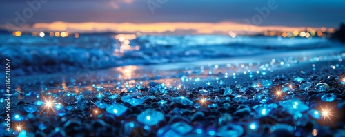Bioluminescent tide on coastal rocks. Nighttime long exposure photography. photo