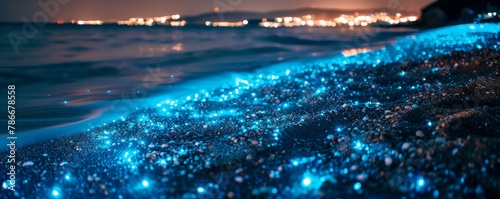 Shimmering bioluminescent beach at twilight. Long exposure beachscape with ambient city lights.