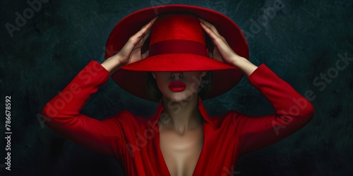 Fashion, hat, and model woman on red studio background for exquisite or trendy style. Aesthetic, art, or confidence with a young woman in a stylish suit or beauty dress. © LukaszDesign