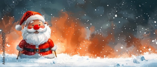 Funny Santa Claus stick in snowdrift, holiday cartoon illustration for cards and prints