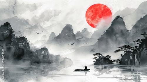 A traditional ink painting of a morning landscape featuring a large red sun, mist-covered mountains, and a fisherman in a boat. This style is known as sumi-e, u-sin, or go-hua in Oriental art.