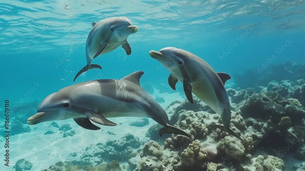 Underwater view of dolphins over coral reef