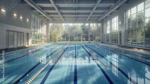A large indoor swimming pool in a building. Suitable for architectural and interior design projects
