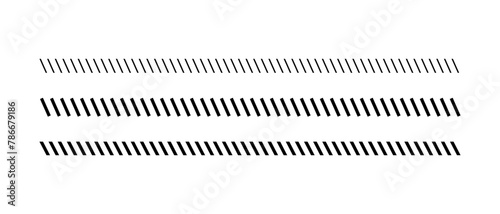 Slash line. Border with diagonal lines. Angle of tilt stripes. Black pattern of footer. Diagonal parallel lines divider strip. Tilt strip geometric abstract border. Slash divider. Vector illustration