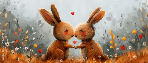 Love hares in watercolor style, good for printing and cards, valentines clipart with cartoon characters photo