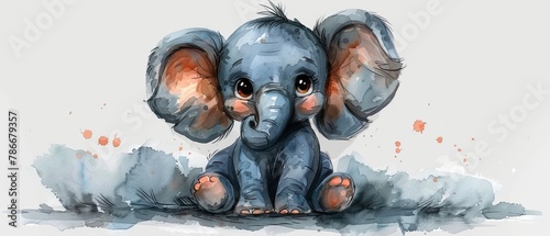 Cute baby elephant, watercolor illustration, cartoon character for cards and prints