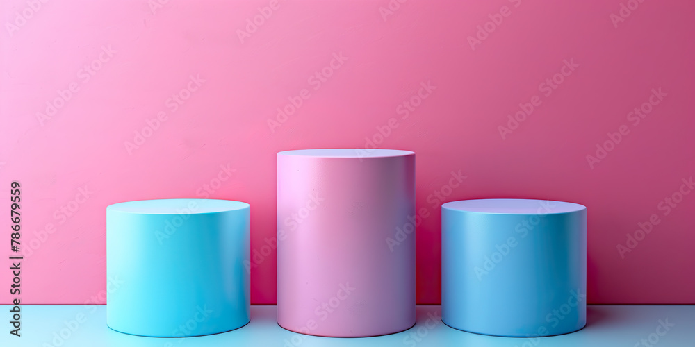 Pink and blue cylindrical podiums of different levels Pink and blue cylindrical podiums of different levels
