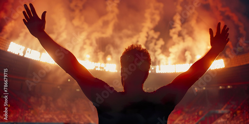 Athlete celebrating victory in stadium, night photo