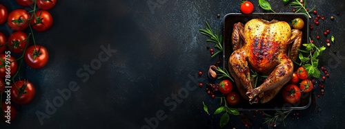 Roasted whole chicken with fresh tomatoes and herbs on a dark rustic table, presenting a delicious and hearty meal. Concept of home cooking, nourishment, and tradition. 