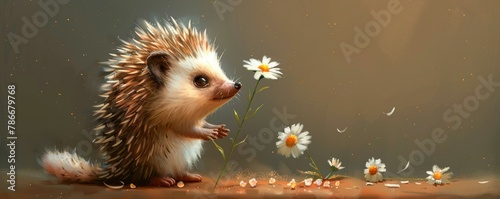 Children's clipart with cartoon hedgehog and chamomile, watercolor style illustration suitable for cards and prints