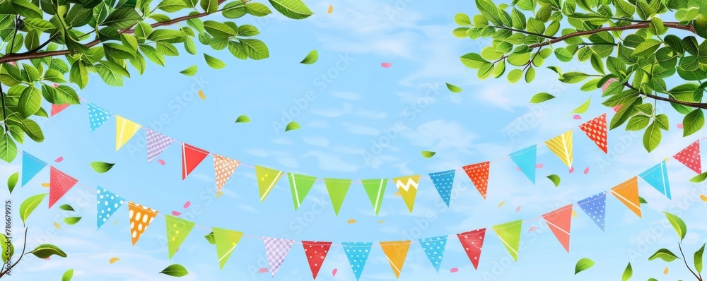 Colorful banners of bunting flags on a blue sky background with green tree leaves, depicting a summer party concept Generative AI - obrazy, fototapety, plakaty 