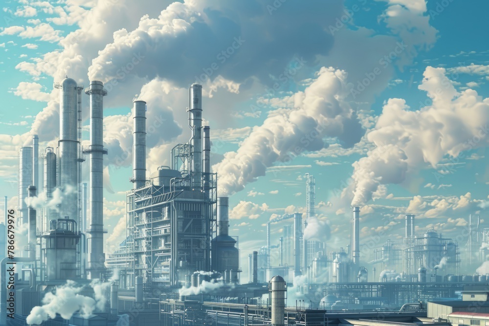 Industrial zone of a futuristic city with towering smokestacks releasing steam into a clear sky