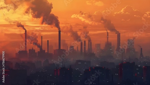 A city skyline with smoke billowing from the factories