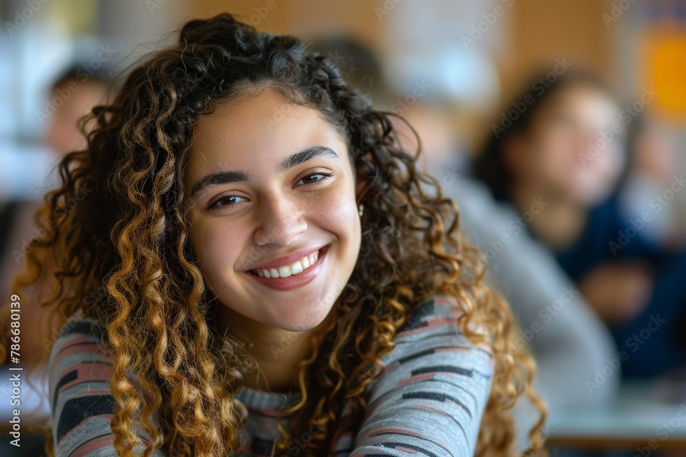Confident Teenage Girl with Curly Hair Smiling in Classroom, Close-Up on Happiness and Diversity in Education