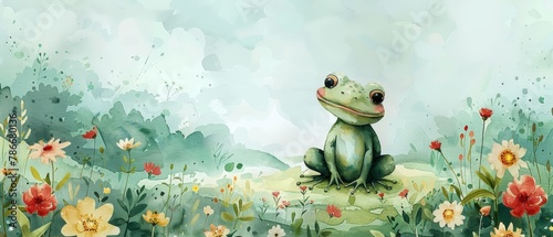 Animated cartoon frog in a garden with flowers and a cart, cartoon character suitable for cards and prints photo