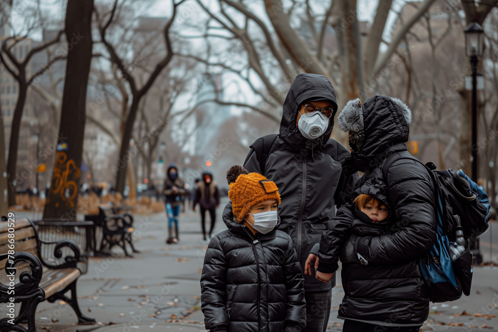 a family clad in winter clothing, with two adults and a child walking through a city park. The adults are wearing protective face masks and the child is donning a surgical mask.