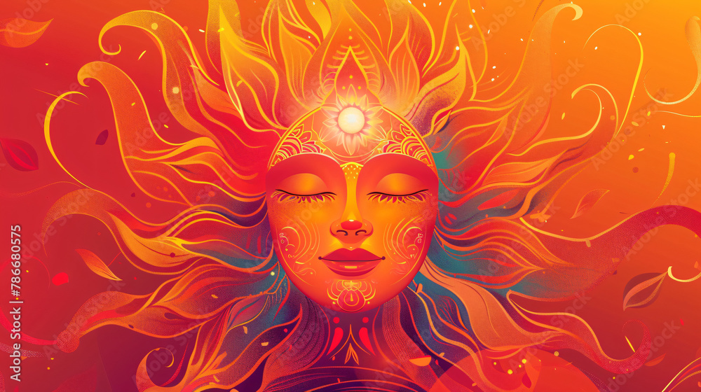 Illustration with a stylized sun with a serene face for sinhala new year celebration.