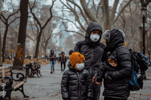 a family clad in winter clothing, with two adults and a child walking through a city park. The adults are wearing protective face masks and the child is donning a surgical mask. © Peeradontax