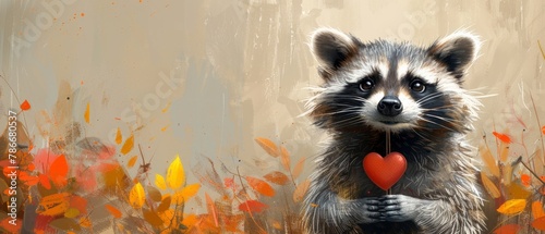 Watercolor illustration of a cute raccoon holding a heart-shaped air balloon, suitable for designing cards and prints