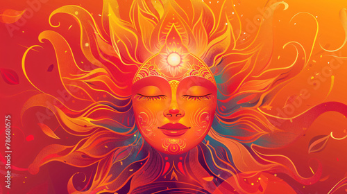 Illustration with a stylized sun with a serene face for sinhala new year celebration.