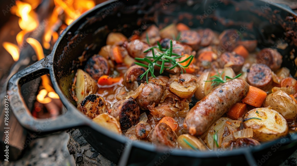 autumn stew, brimming with chunks of sausage, potatoes, carrots, and sauerkraut, simmering in a cast iron pot over a rustic wood-fired stove autumn stew, brimming with chunks of sausage, potatoes, carrots, and sauerkraut, simmering in a cast iron pot over a rustic wood-fired stove
