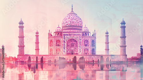 Taj Mahal in Agra, India. double exposure contemporary style minimalist artwork illustration