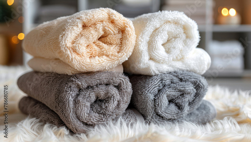 Stack of fluffy, soft, rolled towels in white, grey and beige, creating a cozy, warm, spa like atmosphere at home, symbolizing comfort, luxury, wellness and relaxation.