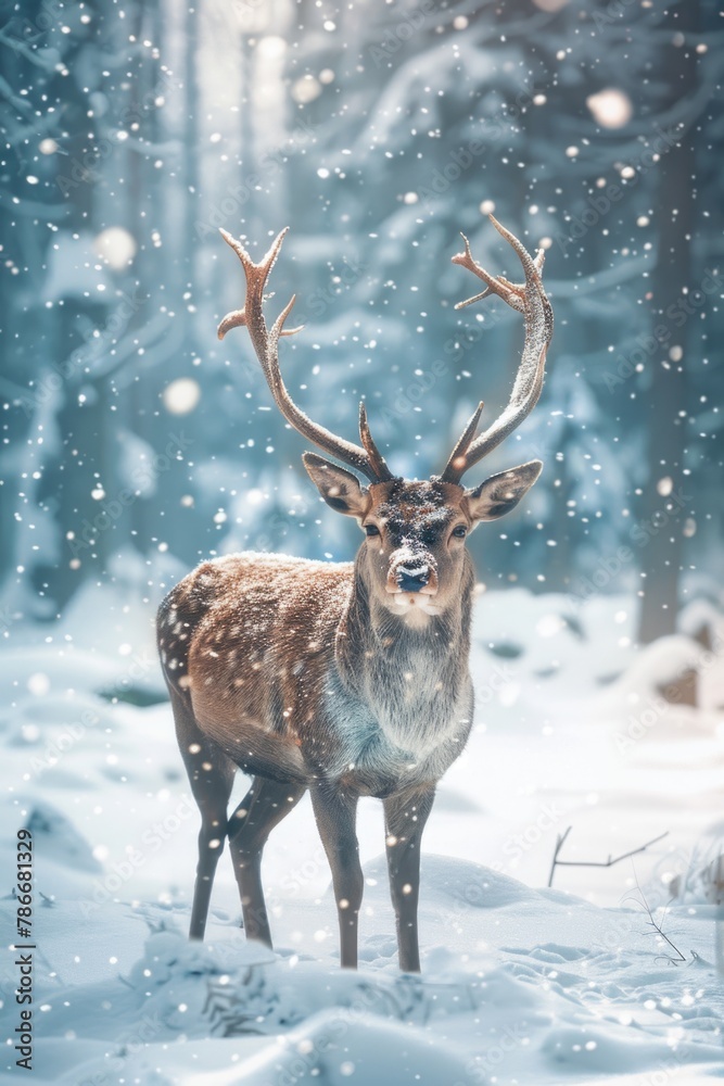 A deer standing in a snowy forest, perfect for winter themes A deer standing in a snowy forest, perfect for winter themes