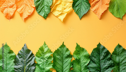 Vibrant green and yellow leaves natural frame background. Distinct and detailed. Veins and imperfections. Stark contrast colors and uniform. photo
