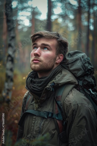 A man with a backpack standing in the woods. Suitable for outdoor and adventure themes © Fotograf