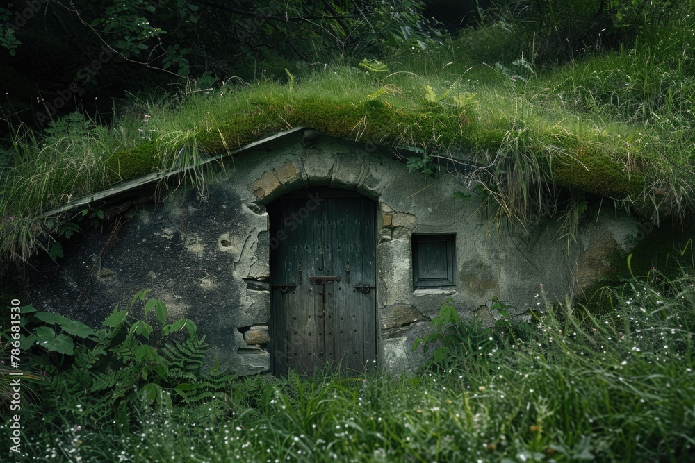 A quaint stone building with a vibrant green roof, perfect for architectural designs A quaint stone building with a vibrant green roof, perfect for architectural designs