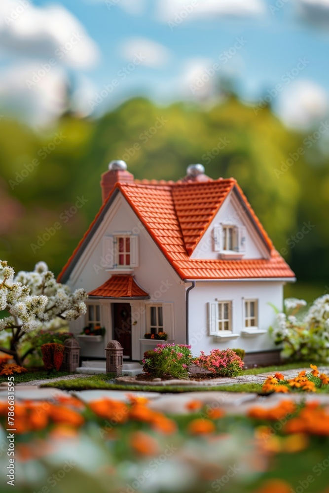 A quaint small white house with a vibrant red roof. Perfect for real estate or architectural concepts