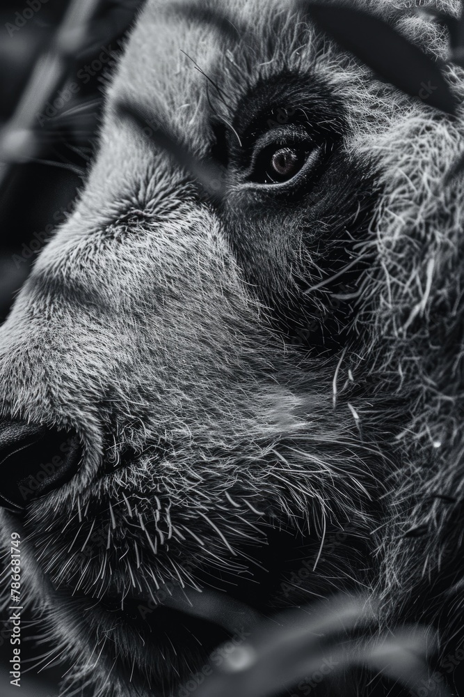 A close-up black and white photo of a bear's face. Suitable for wildlife or nature themes