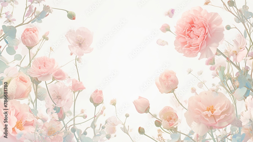 Delicate Peach Carnations and Eucalyptus Floral Arrangement on White Background with Space for Text