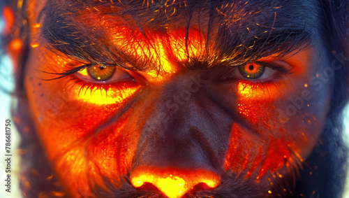 Intense closeup a human face with eyes glowing in fiery red and orange hues, creating enigmatic mood. photo